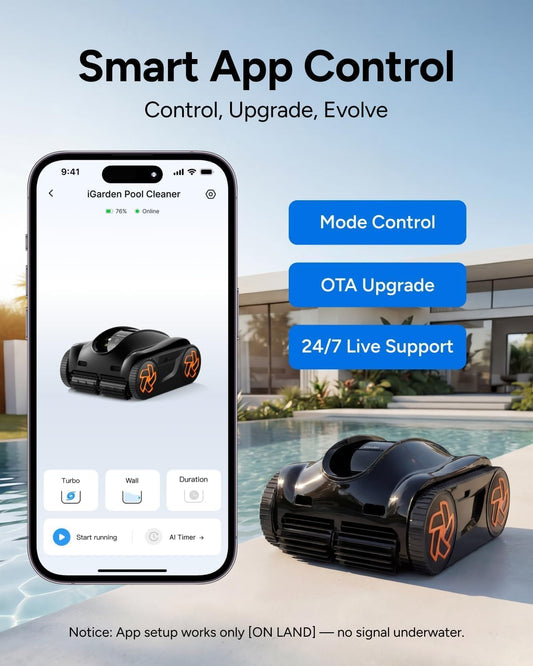 iGarden Robotic Pool Cleaner K Series, 220 Min Cordless Pool Vacuum Robot for Inground & Above Ground Pools, Smart Navigation, Touchscreen, Self-Parking, Cleaning Floor, Wall & Waterline, Black