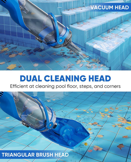 Cordless Pool Vacuum with Telescopic Pole, 18.5 GPM Powerful Suction, 1.5H Supercharge Technology, Handheld Pool Vacuum Cleaner for Above Ground/Inground Pools, Hot Tubs, Blue