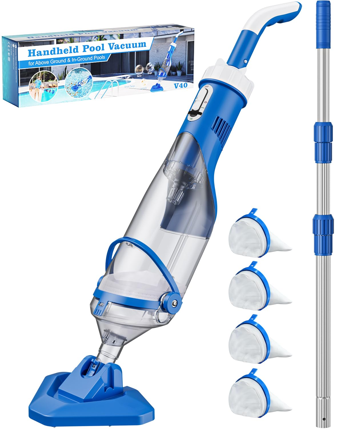 Cordless Pool Vacuum with Telescopic Pole, 18.5 GPM Powerful Suction, 1.5H Supercharge Technology, Handheld Pool Vacuum Cleaner for Above Ground/Inground Pools, Hot Tubs, Blue