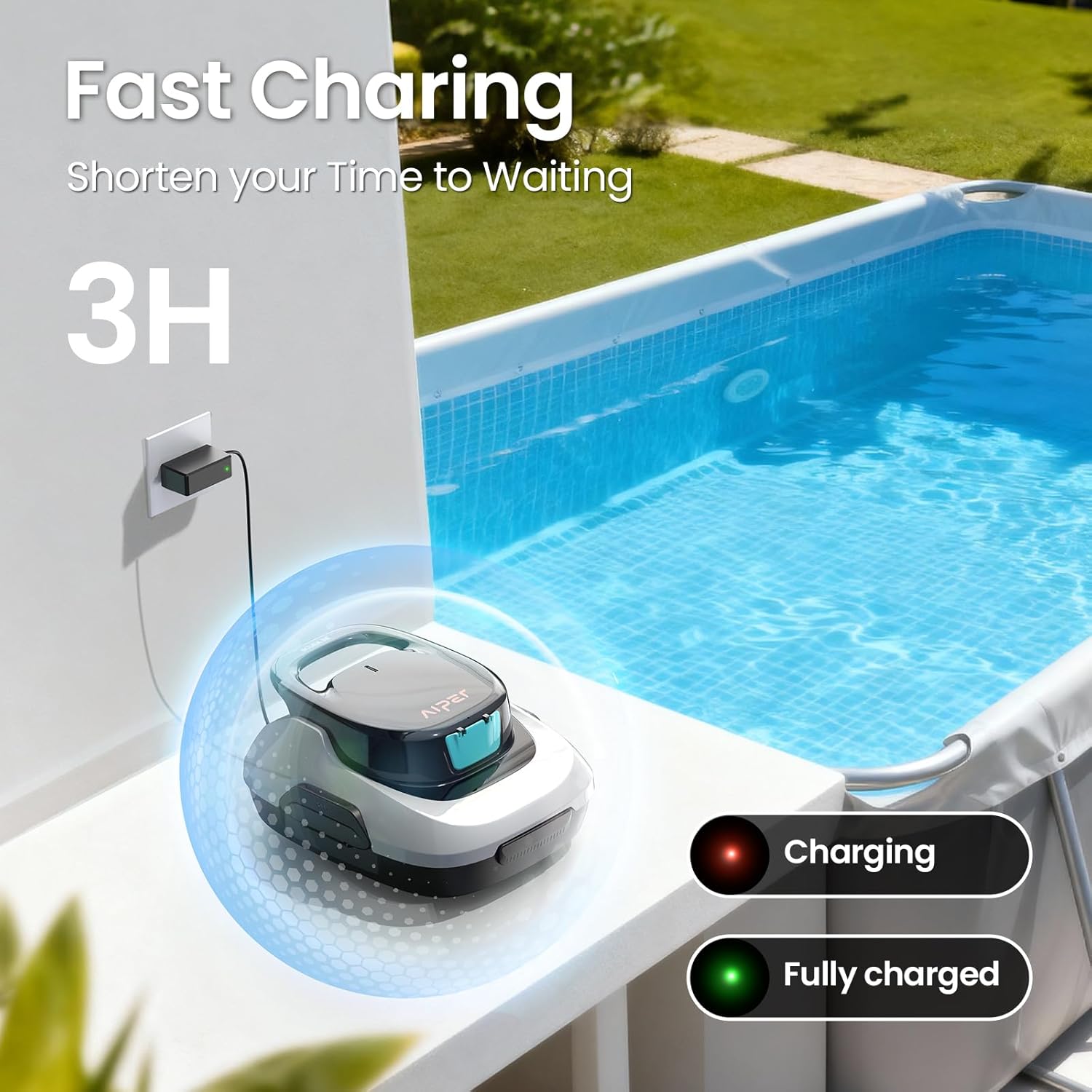 AIPER Scuba SE Cordless Pool Cleaner with 90-Min Runtime, Smart Self-Parking, Lightweight, Pool Vacuum for Above Ground Flat Pools up to 860 Sq.ft, Milky White & Teal