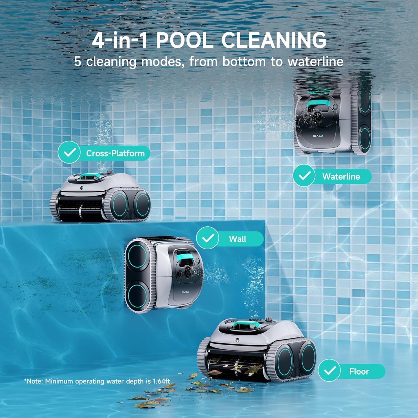 (2026 New) WYBOT C1 Cordless Robot Vacuum for Inground Pools, 4-in-1 Pool Cleaner for Above Ground Pool up to 1,614 Sq.ft, Wall & Waterline Cleaning, 150-Min Runtime, Whte & Green