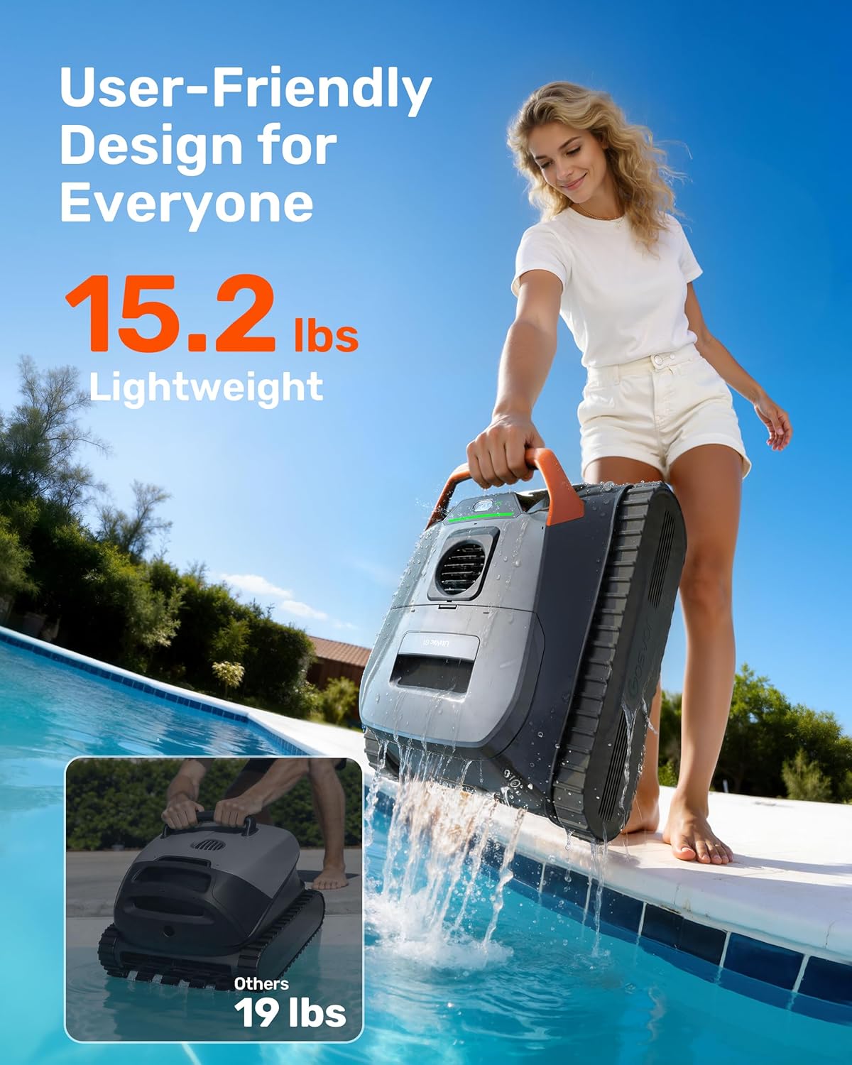 Gosvor LiteVac G1 Pool Vacuum, Wall & Waterline & Platform Cleaning, 15.2 lbs Ultra-Lightweight, Up to 200-Min Runtime, Double Filtration, Smart Navigation & App, for Pools up to 2153 sq.ft, Orange