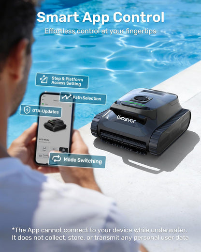 Gosvor LiteVac G1 Pool Vacuum, Wall & Waterline & Platform Cleaning, 15.2 lbs Ultra-Lightweight, Up to 200-Min Runtime, Double Filtration, Smart Navigation & App, for Pools up to 2153 sq.ft, Gray