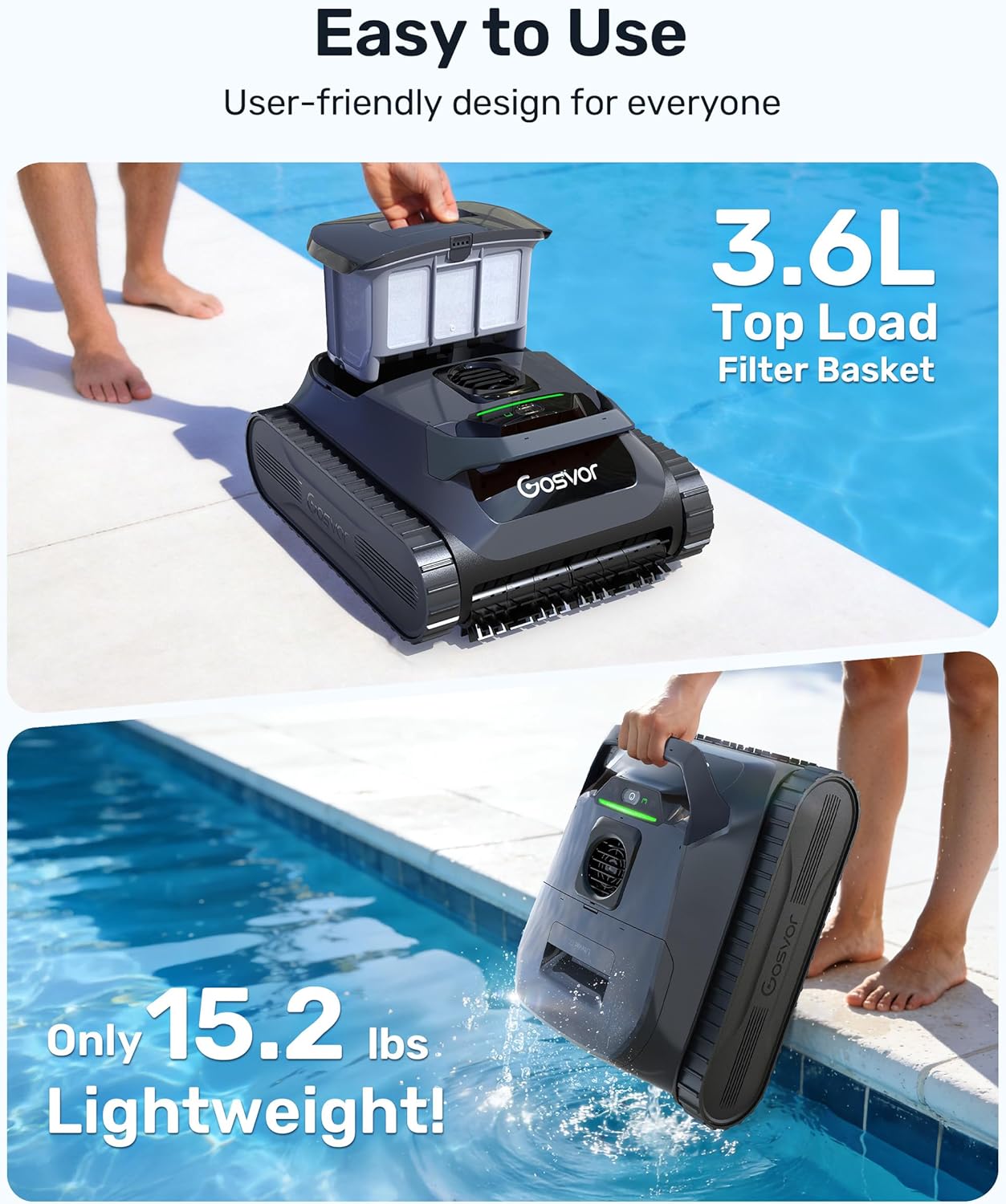 Gosvor LiteVac G1 Pool Vacuum, Wall & Waterline & Platform Cleaning, 15.2 lbs Ultra-Lightweight, Up to 200-Min Runtime, Double Filtration, Smart Navigation & App, for Pools up to 2153 sq.ft, Gray