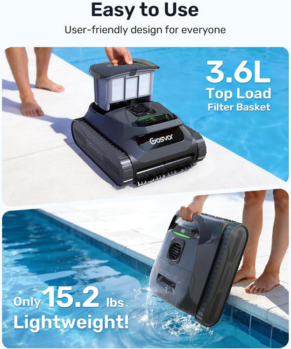 Gosvor LiteVac G1 Pool Vacuum, Wall & Waterline & Platform Cleaning, 15.2 lbs Ultra-Lightweight, Up to 200-Min Runtime, Double Filtration, Smart Navigation & App, for Pools up to 2153 sq.ft, Gray