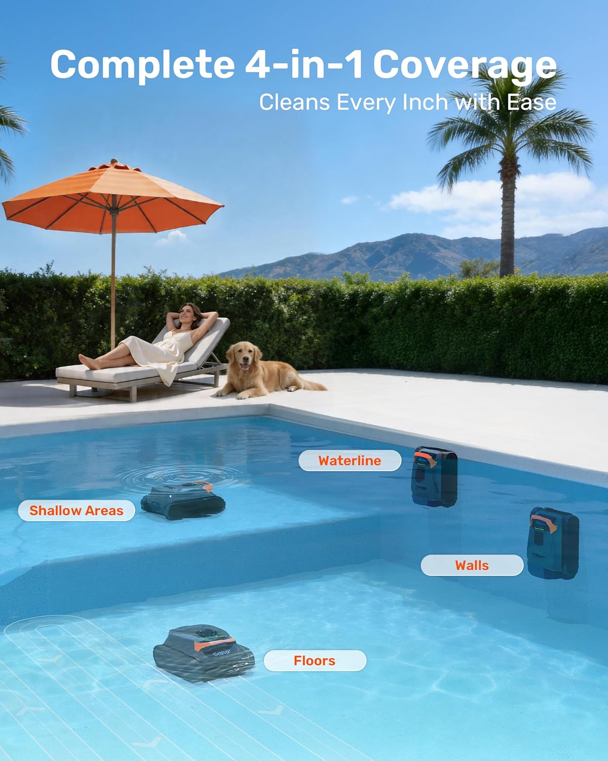 Gosvor LiteVac G1 Pool Vacuum, Wall & Waterline & Platform Cleaning, 15.2 lbs Ultra-Lightweight, Up to 200-Min Runtime, Double Filtration, Smart Navigation & App, for Pools up to 2153 sq.ft, Orange
