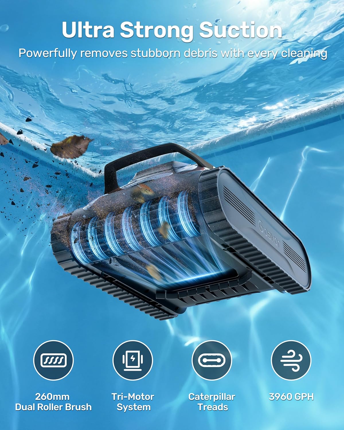 Gosvor LiteVac G1 Pool Vacuum, Wall & Waterline & Platform Cleaning, 15.2 lbs Ultra-Lightweight, Up to 200-Min Runtime, Double Filtration, Smart Navigation & App, for Pools up to 2153 sq.ft, Gray