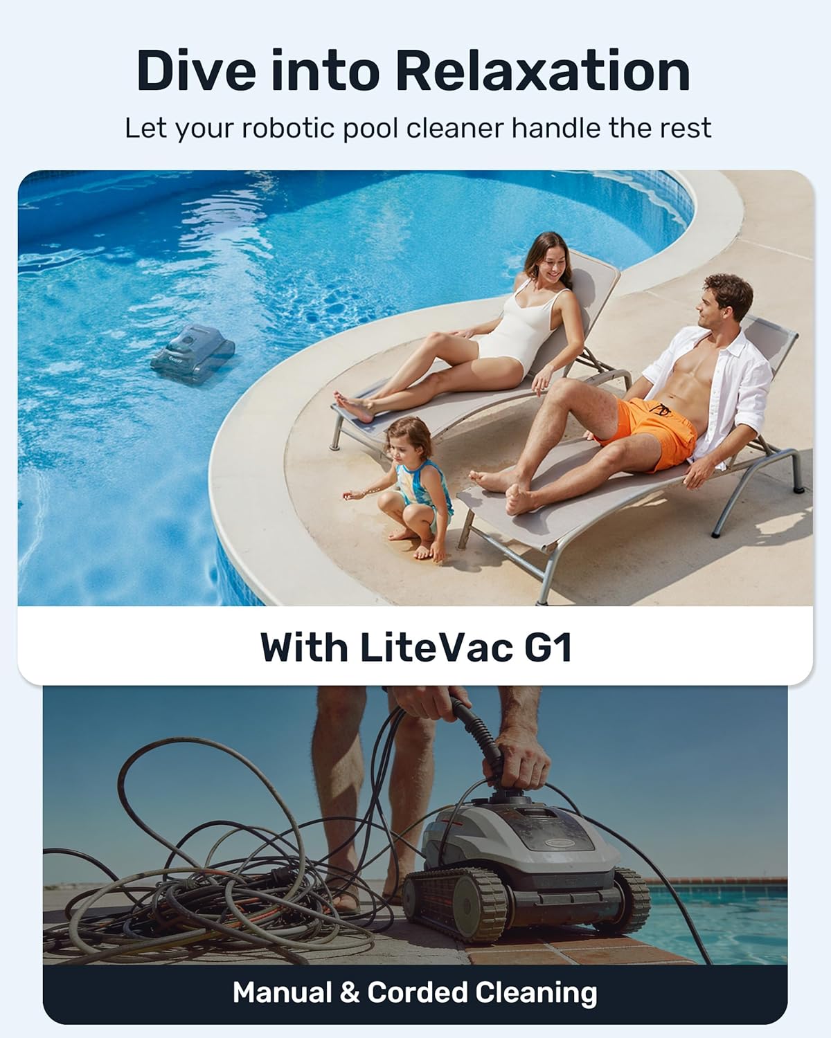 Gosvor LiteVac G1 Pool Vacuum, Wall & Waterline & Platform Cleaning, 15.2 lbs Ultra-Lightweight, Up to 200-Min Runtime, Double Filtration, Smart Navigation & App, for Pools up to 2153 sq.ft, Gray